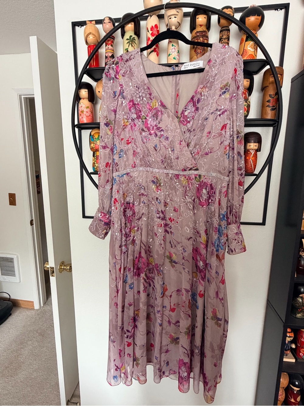 Mac Duggal Floral Print V-Neck Long Sleeve Dress Mauve/Lavender size 12